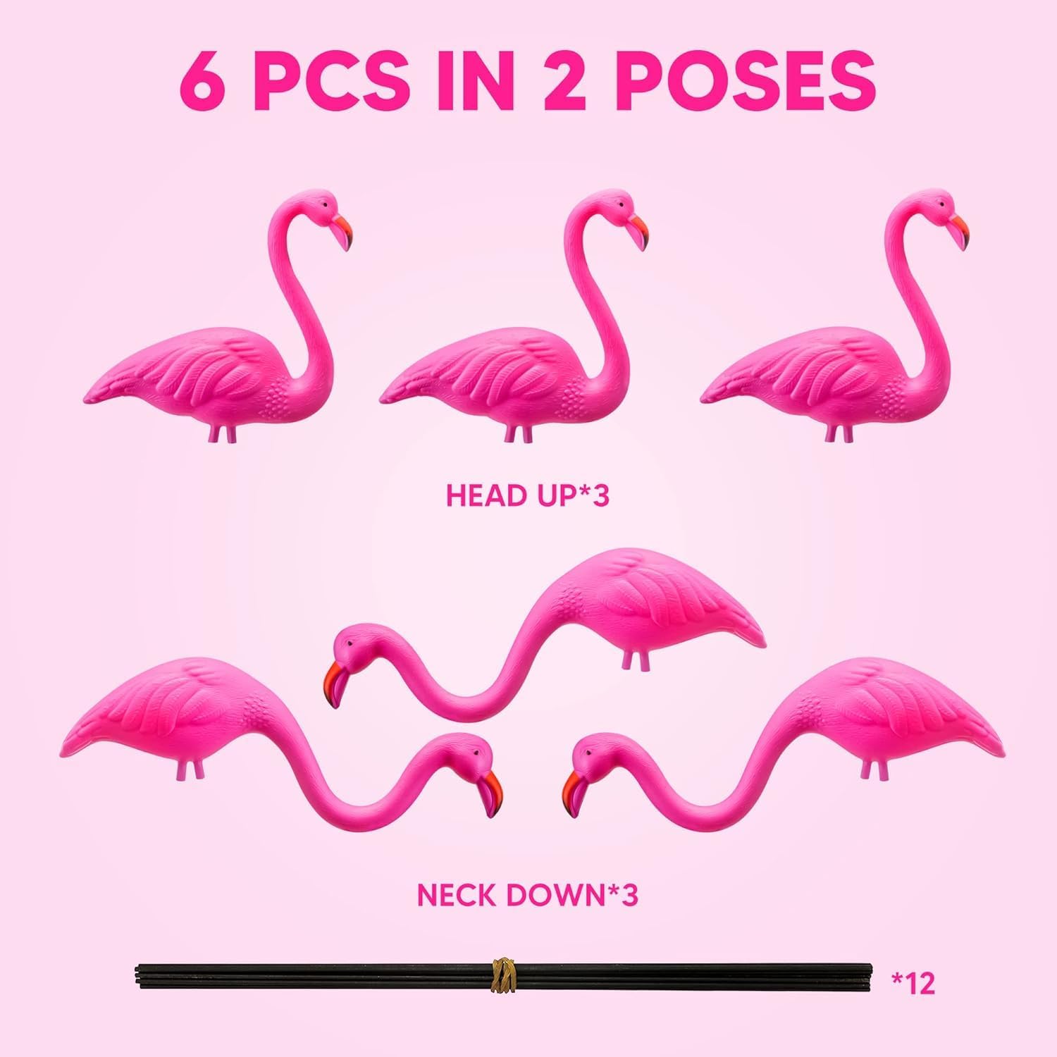 JOYIN Set of 6 Small Pink Flamingo Yard Ornament Stakes, 17 Plastic Flamingo Lawn Statues with Metal Legs for Sidewalks, Outdoor Garden Decor, Luau & Pool Party Decorations, 2 Styles